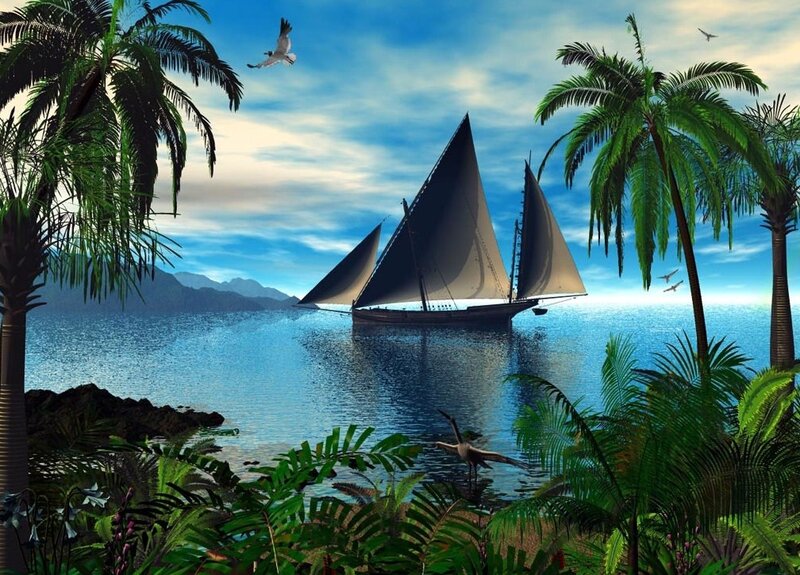Sailboat in Tropical Bay — Blue, Serene, Afternoon, Digital Art