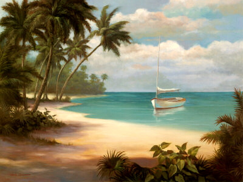 Sailboat in Tropical Bay — Blue, Serene, Afternoon, Painting