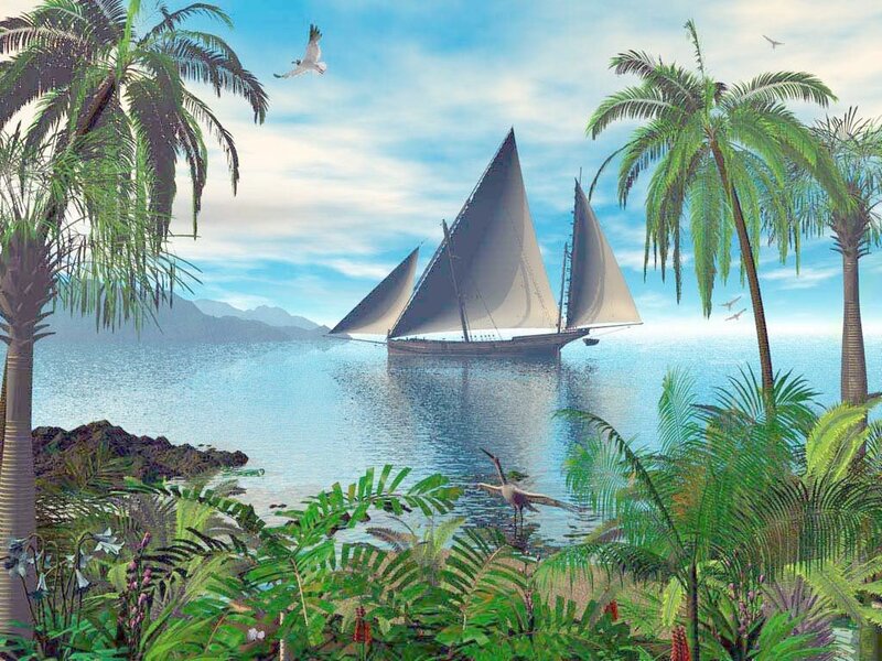 Sailboat in Tropical Bay — Blue, Serene