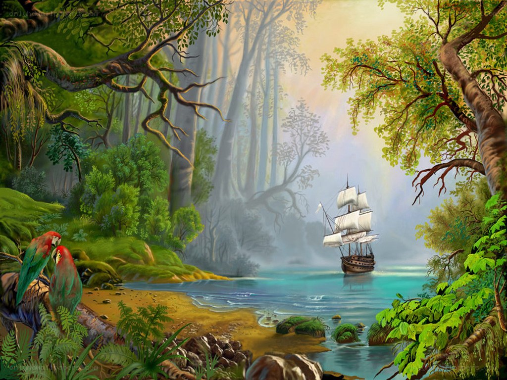 Sailboat in tropical jungle