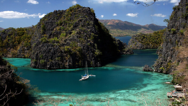 Sailboat in Turquoise Bay — Blue, Serene, Afternoon, Photograph