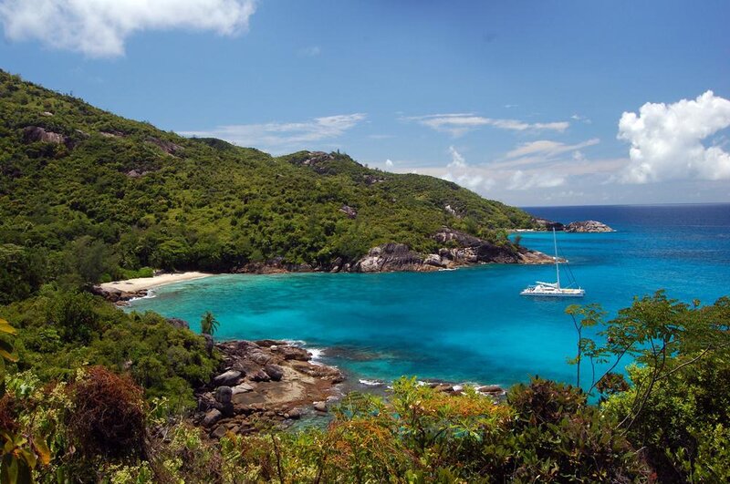 Sailboat in Turquoise Bay — Blue, Serene