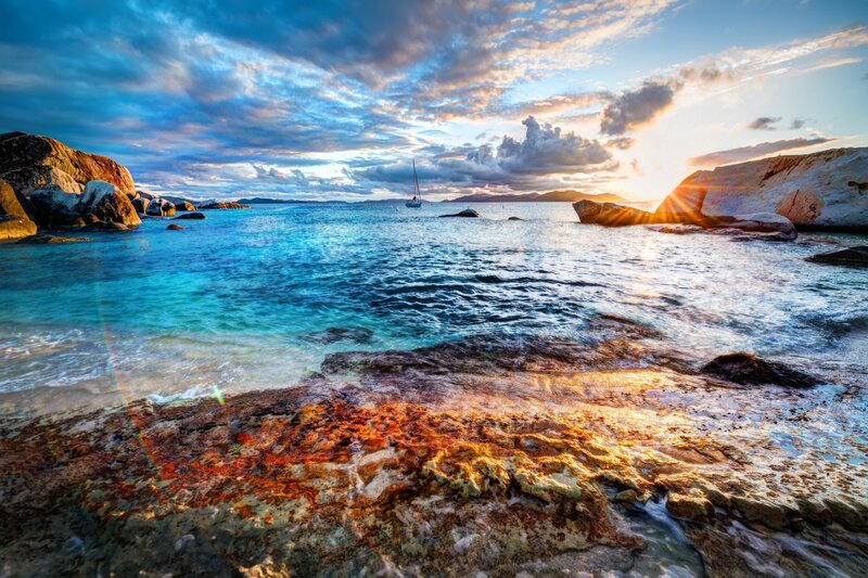 Sailboat in Turquoise Water — Blue, Dramatic, Sunrise