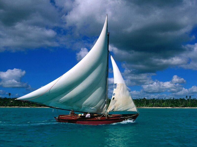Sailboat in Turquoise Water — Blue, Dramatic