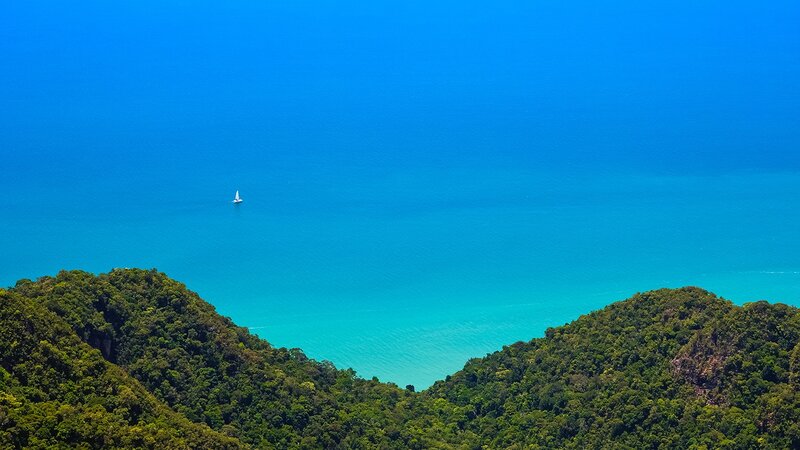 Sailboat in Turquoise Water — Blue, Serene, Afternoon, Photograph, Forests