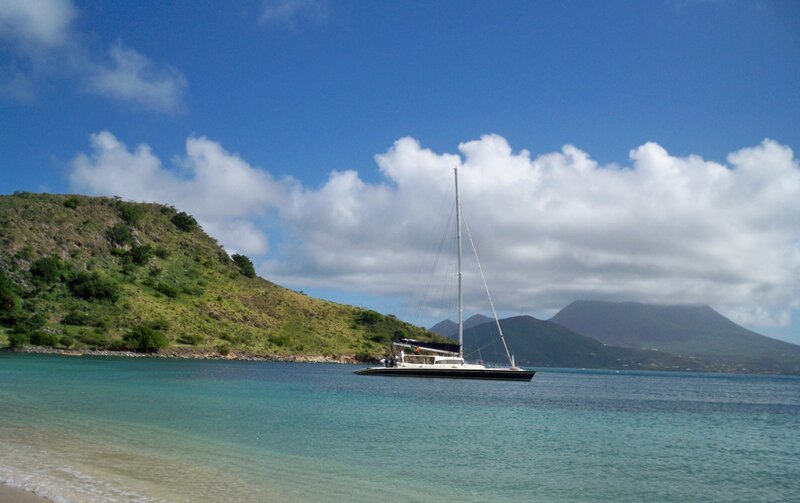 Sailboat in Turquoise Water — Blue, Serene, Afternoon, Photograph, Hill