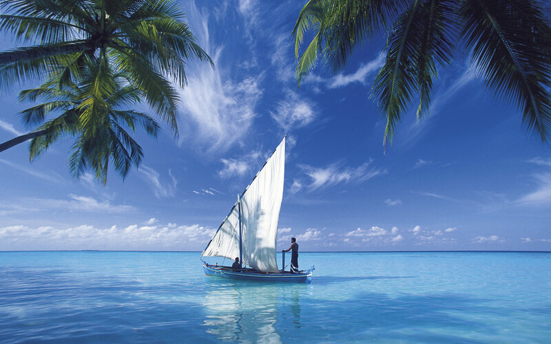 Sailboat in Turquoise Water — Blue, Serene