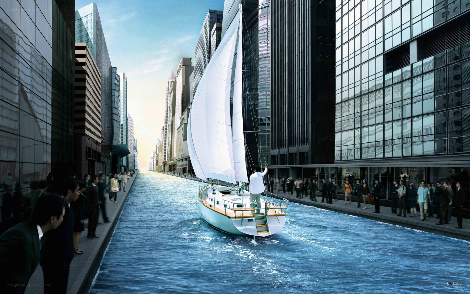 Sailboat in urban canal