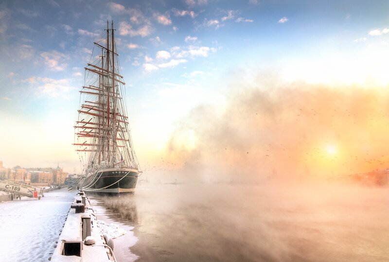 Sailboat in Winter Harbor — Blue