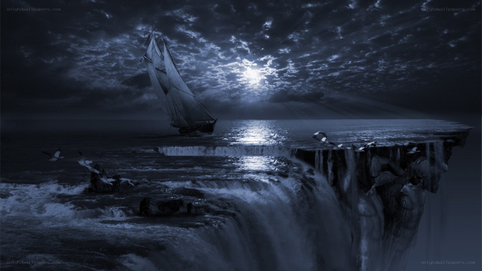 Sailboat near a cliff waterfall