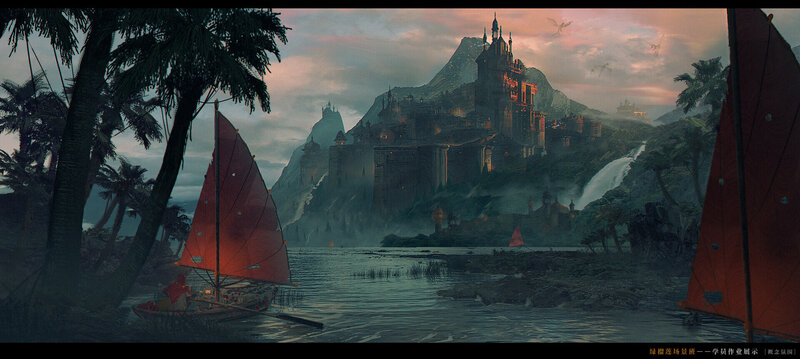 Sailboat Near Castle — Red, Dramatic