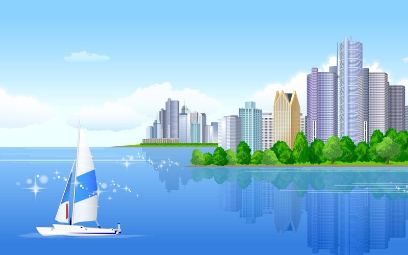 Sailboat near city skyline