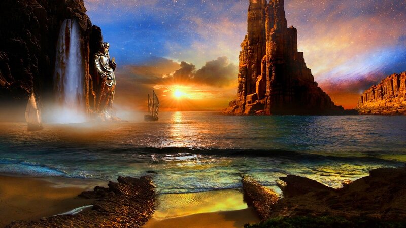 Sailboat Near Cliffs — Blue, Dramatic, Sunset