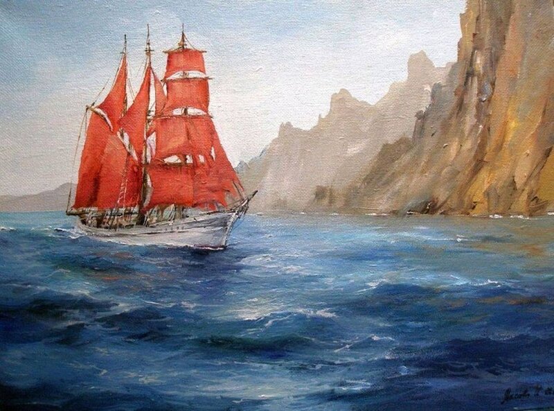 Sailboat Near Cliffs — Blue, Dramatic