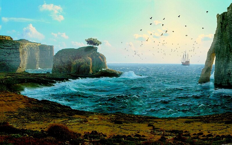 Sailboat Near Cliffs — Blue