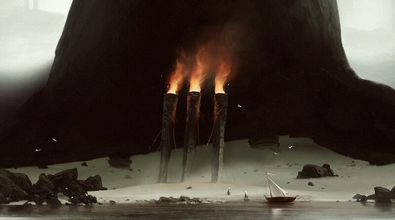 Sailboat near flaming pillars