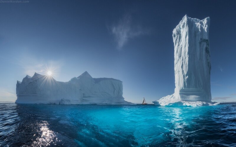 Sailboat Near Icebergs — Blue, Serene