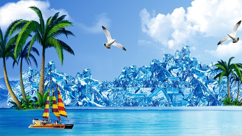Sailboat Near Icebergs