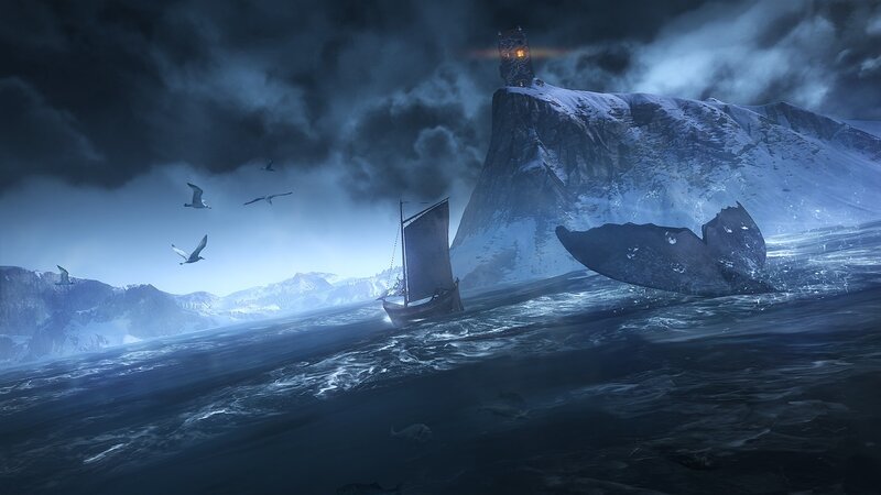 Sailboat near icy cliff