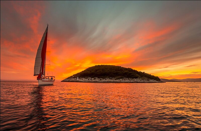 Sailboat Near Island — Orange