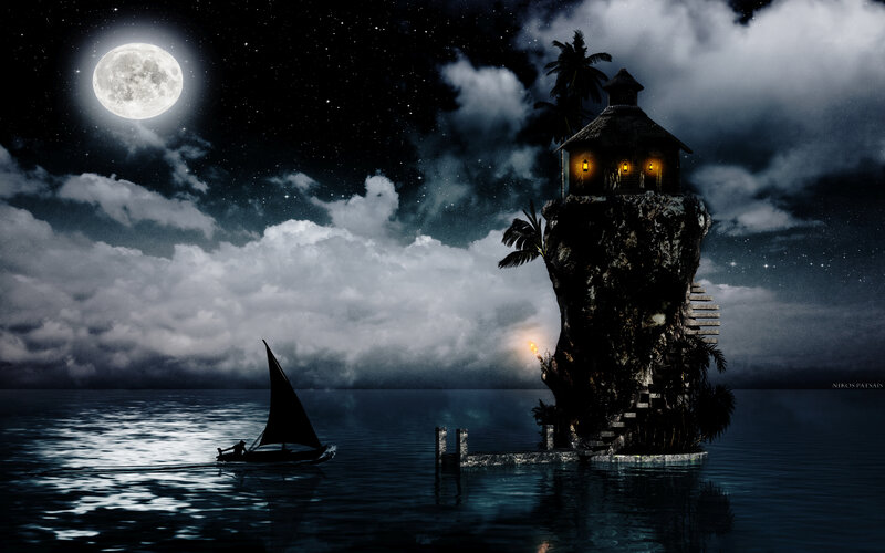 Sailboat Near Lighthouse — Black, Dramatic