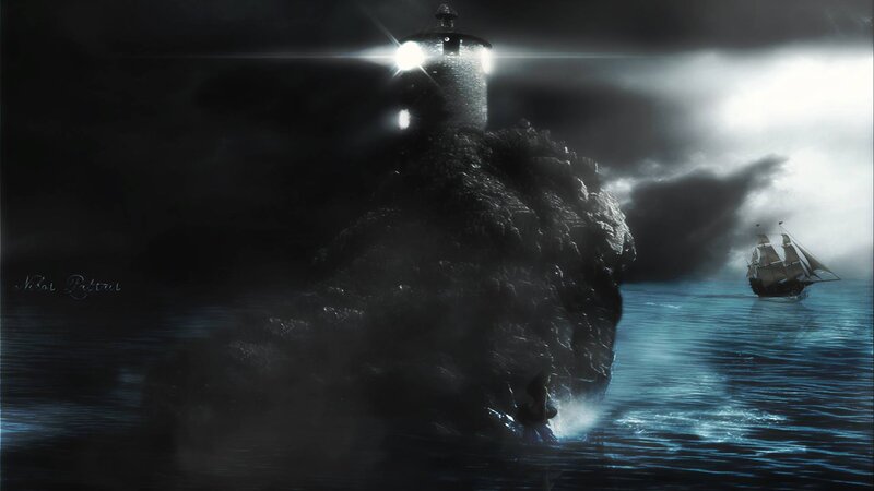 Sailboat Near Lighthouse — Black