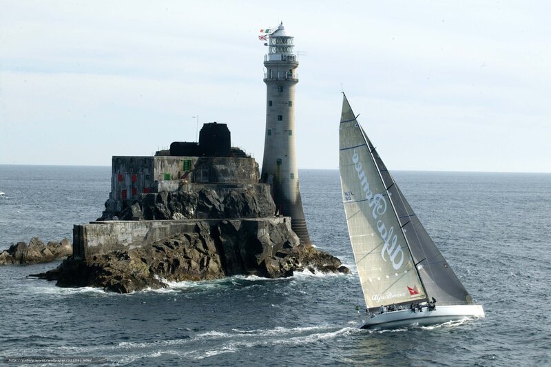 Sailboat Near Lighthouse — Blue, Calm, Afternoon, Photograph, Island