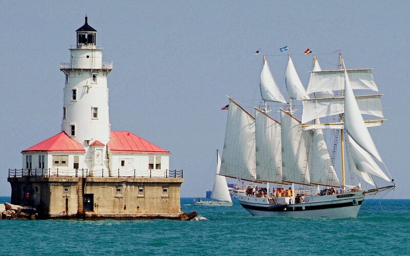 Sailboat Near Lighthouse — Blue, Calm