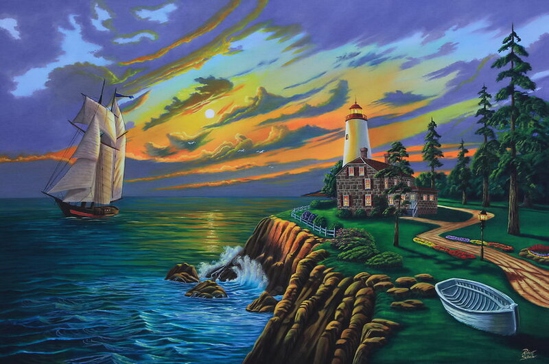 Sailboat Near Lighthouse — Blue, Dramatic, Sunset