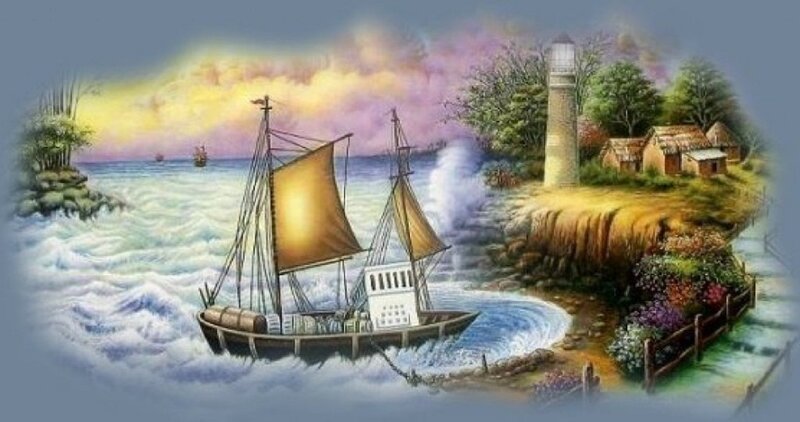 Sailboat Near Lighthouse — Blue, Dramatic