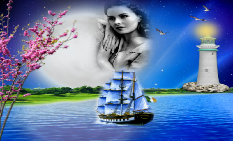 Sailboat Near Lighthouse — Blue, Dreamy