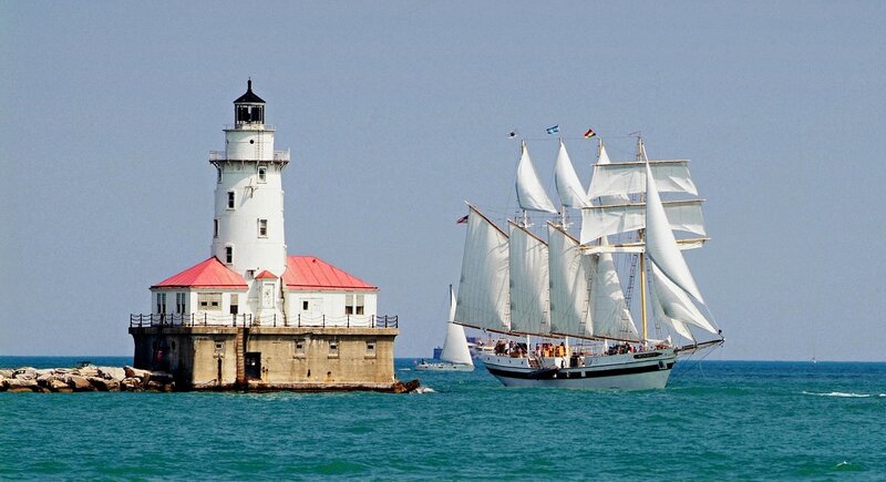 Sailboat Near Lighthouse — Blue, Serene, Afternoon, Photograph, Sea