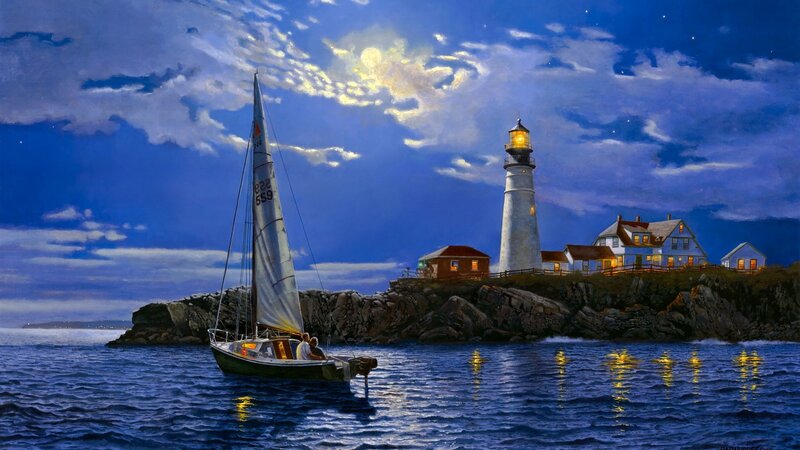Sailboat Near Lighthouse — Blue, Serene, Night, Painting, House, Moon