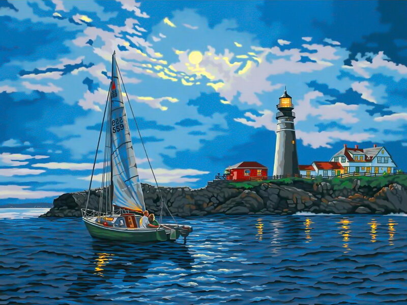 Sailboat Near Lighthouse — Blue, Serene, Night, Painting, House