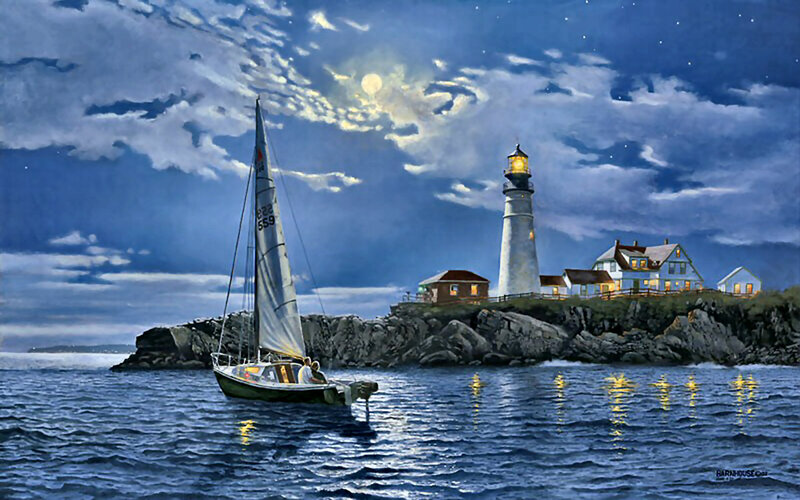 Sailboat Near Lighthouse — Blue, Serene, Night, Painting, Rocks, Moon