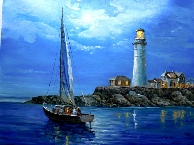 Sailboat Near Lighthouse — Blue, Serene, Night, Painting, Rocks