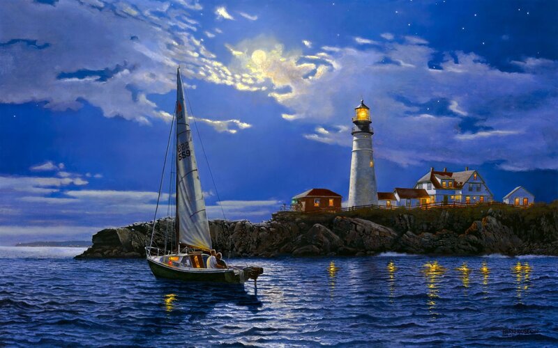 Sailboat Near Lighthouse — Blue, Serene, Night