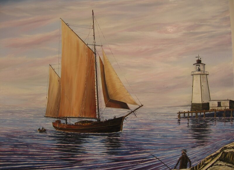 Sailboat Near Lighthouse — Blue, Serene, Sunset