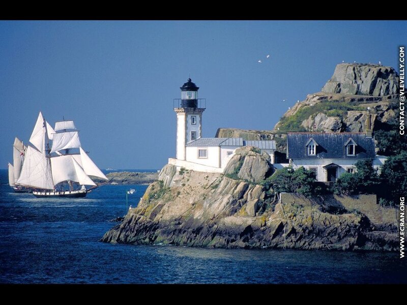 Sailboat Near Lighthouse — Blue, Serene