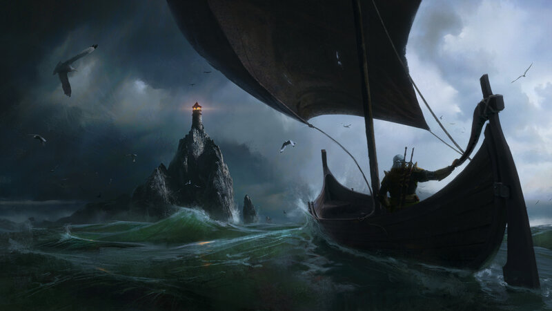 Sailboat Near Lighthouse — Dark Blue