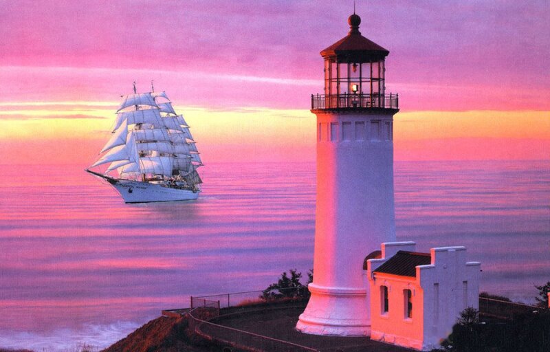 Sailboat Near Lighthouse — Pink