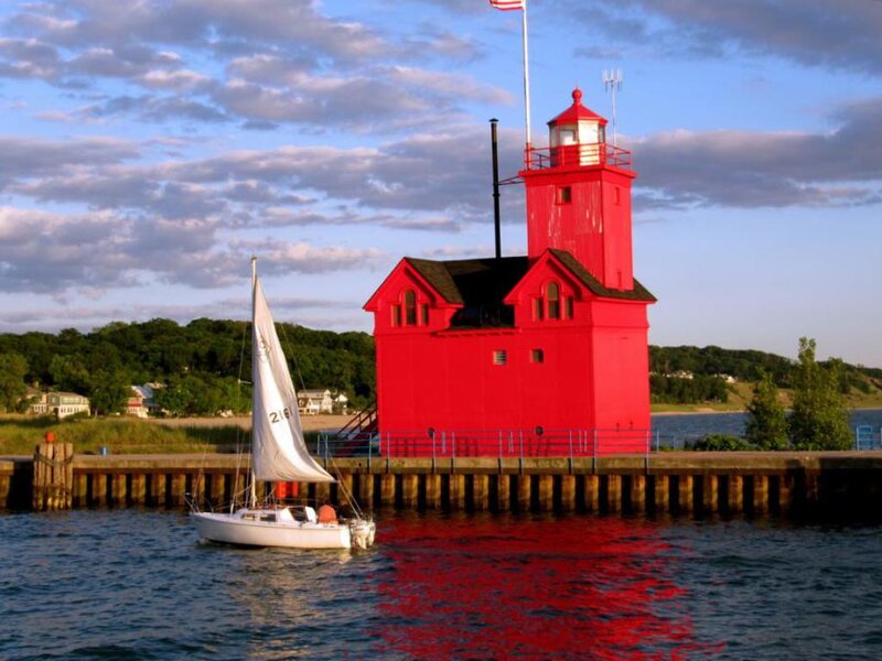 Sailboat Near Lighthouse — Red, Serene