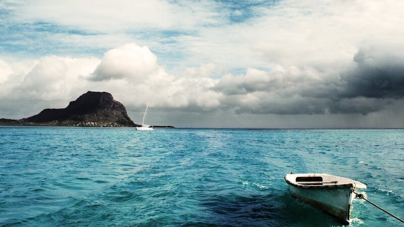 Sailboat Near Mountain — Blue, Dramatic