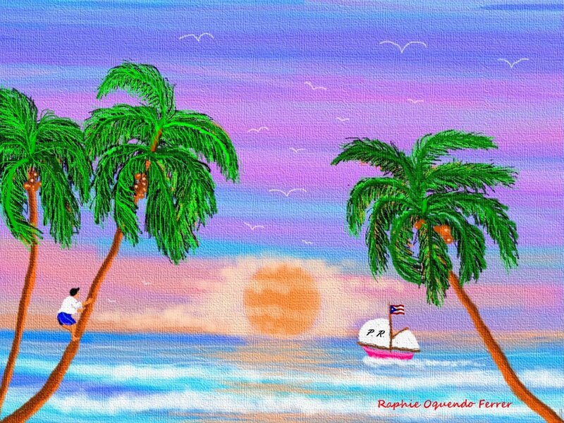 Sailboat Near Palm Trees — Purple, Serene