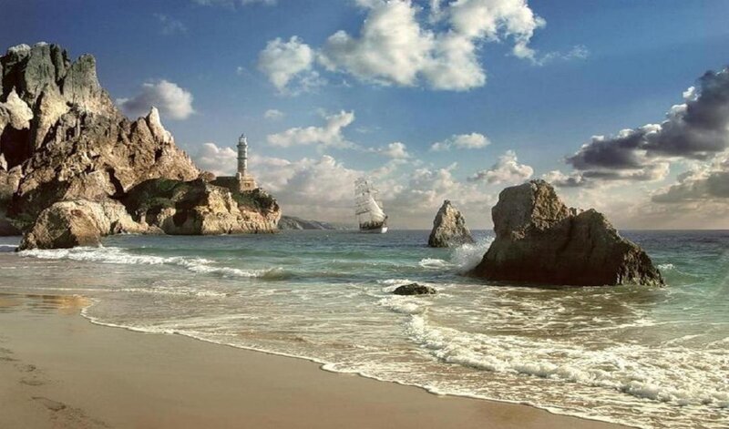 Sailboat Near Rocky Coast — Blue, Serene, Afternoon