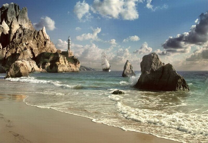 Sailboat Near Rocky Coast — Blue, Serene