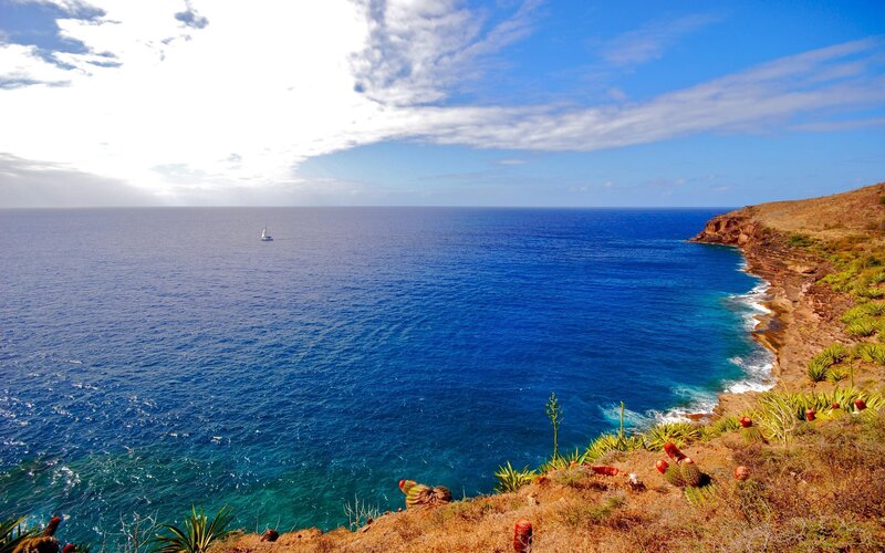 Sailboat Near Rocky Coast — Blue