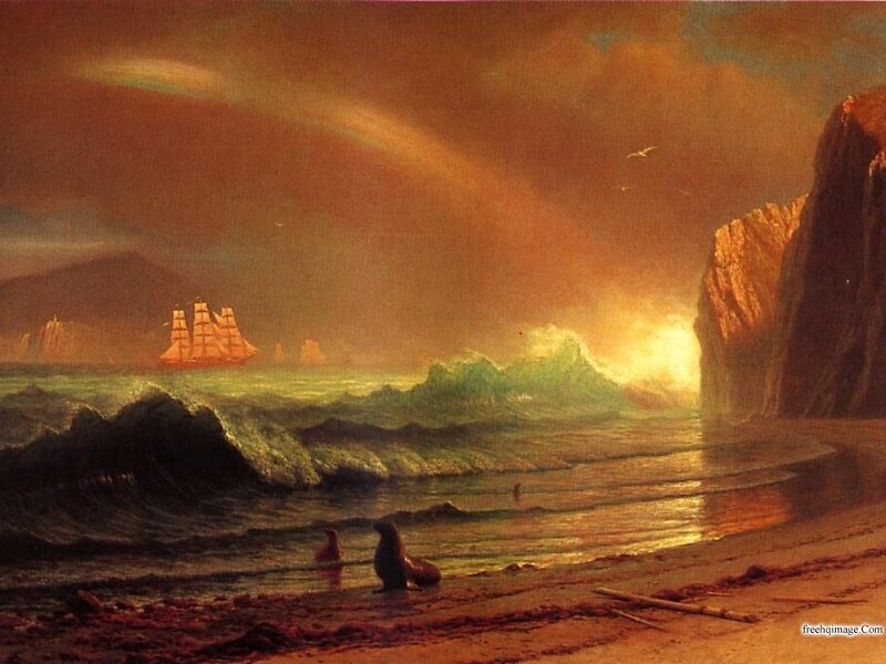 Sailboat Near Rocky Shore — Orange, Dramatic