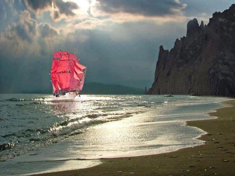 Sailboat Near Rocky Shore — Red
