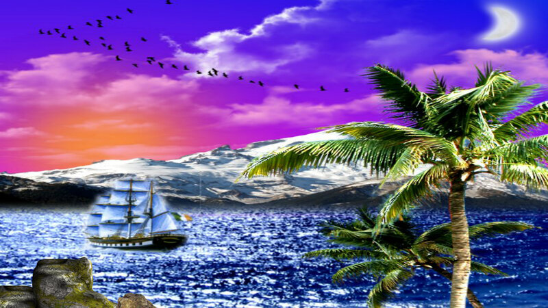 Sailboat Near Snowy Mountains